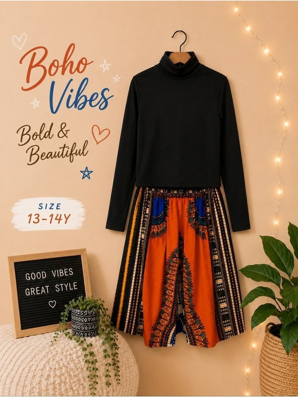 Boho Print Skirt And Black Turtleneck Matching Set